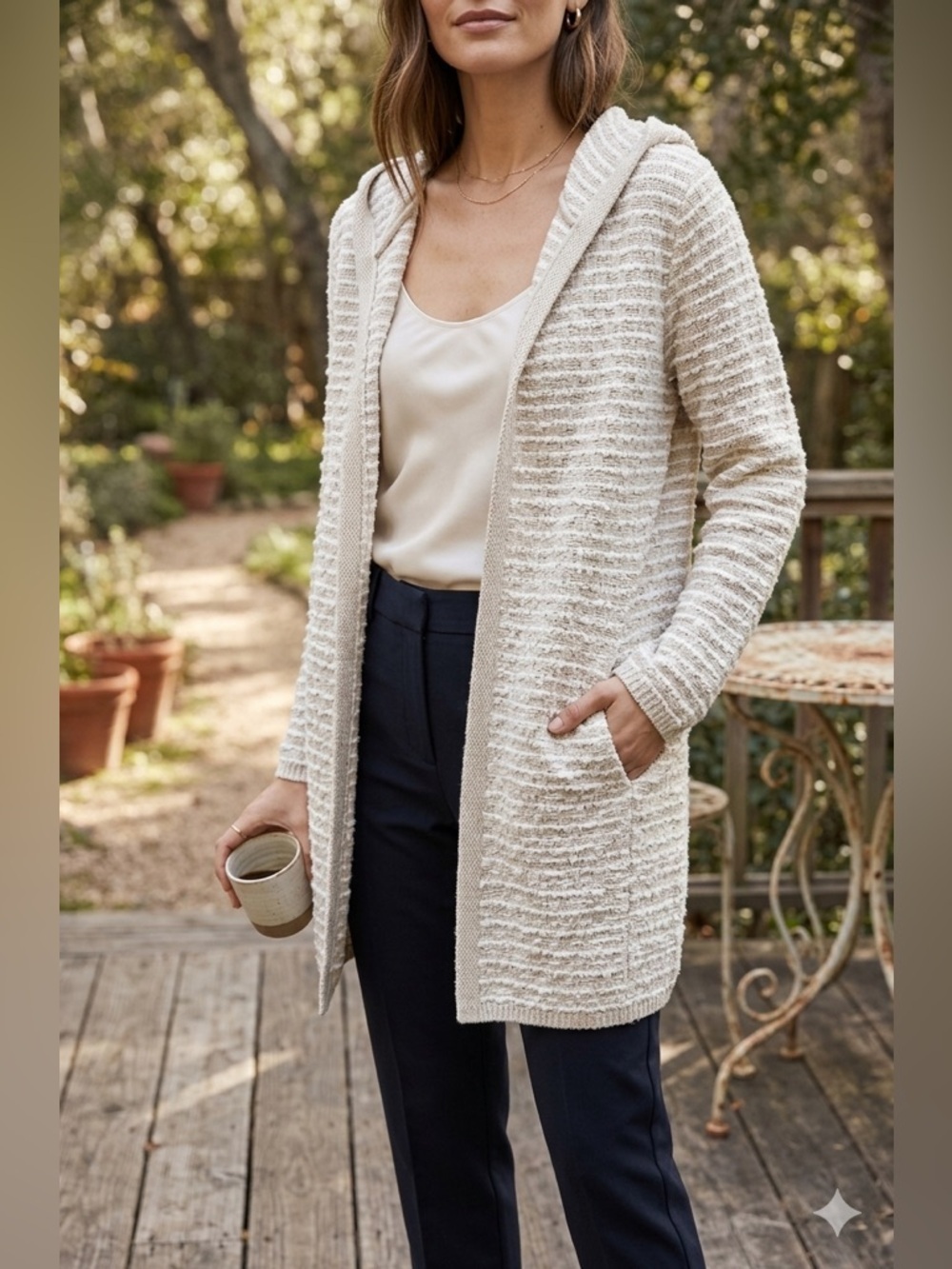 Nicole Miller Artelier | Cream and White Striped Hooded Textured Cardigan | Sz M